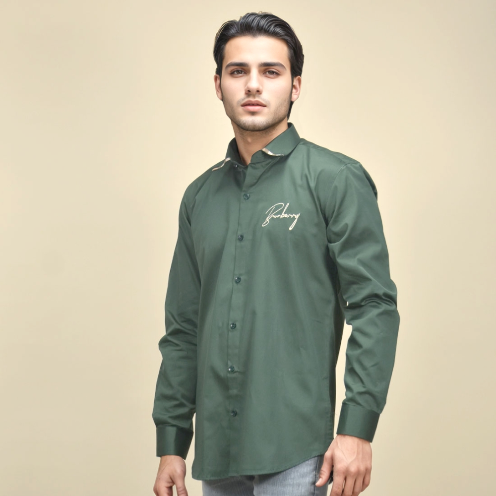 Green Burberry Embroidered Blue Cotton Premium Shirt