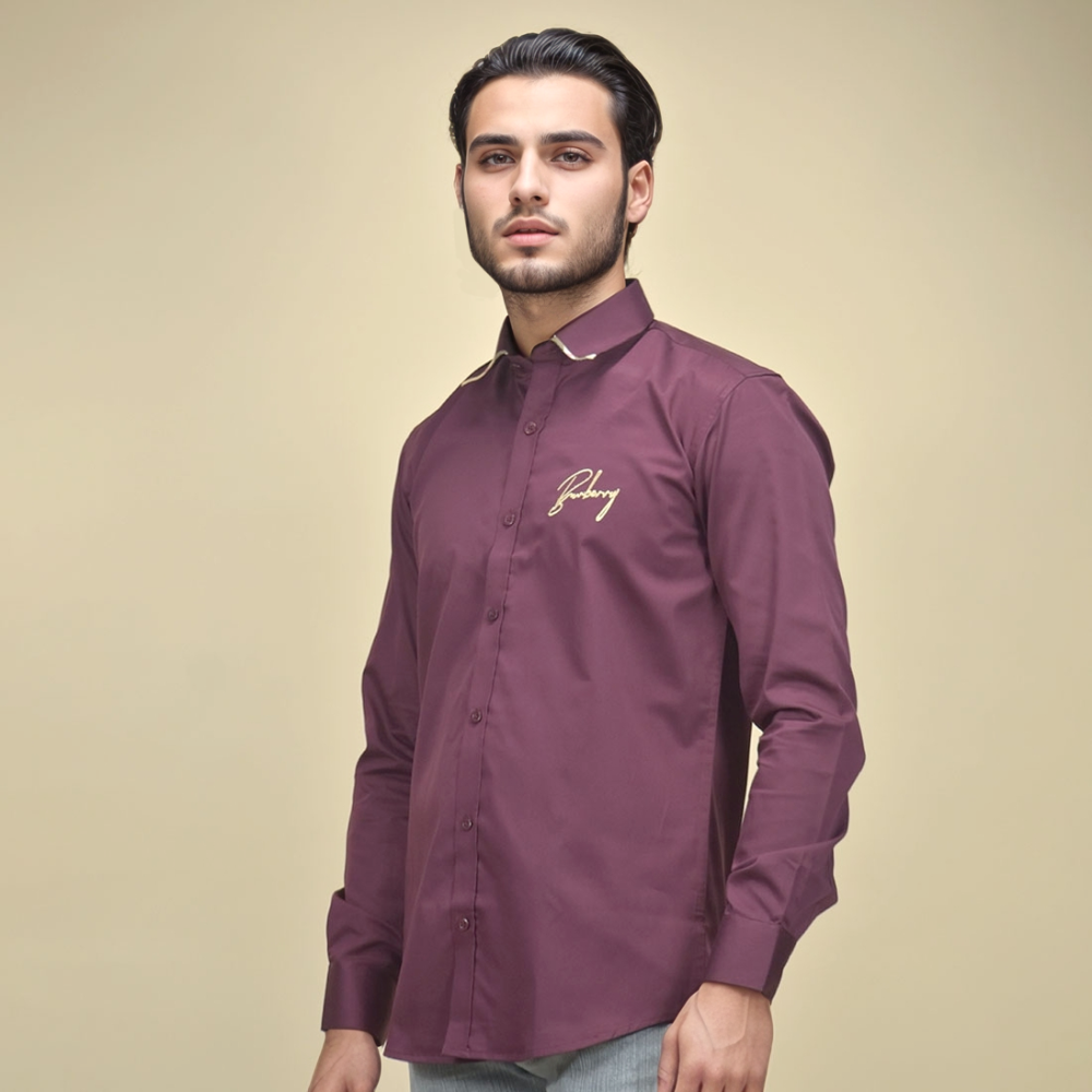 Wine Burberry Embroidered Blue Cotton Premium Shirt