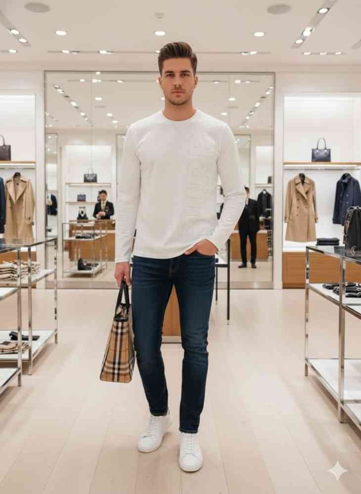 Burberry White Premium Exclusive Full Sleeves Round Neck T-shirt-thumb-1
