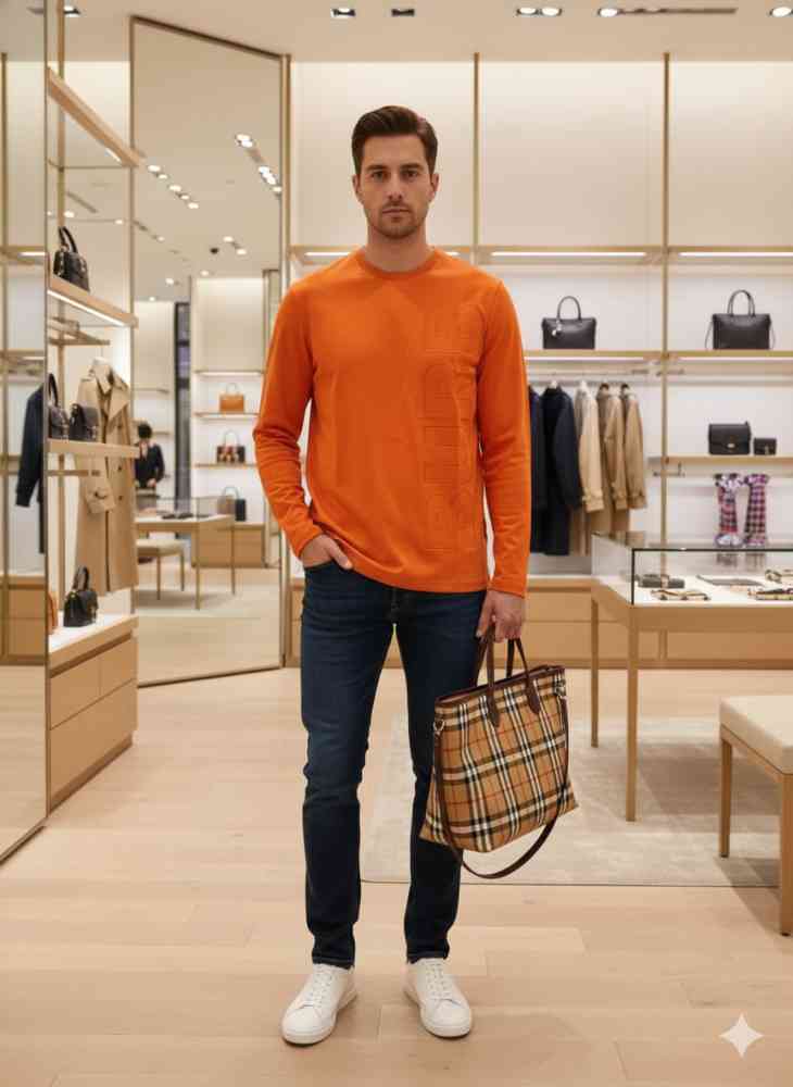 Burberry Orange Premium Exclusive Full Sleeves Round Neck T-shirt-1