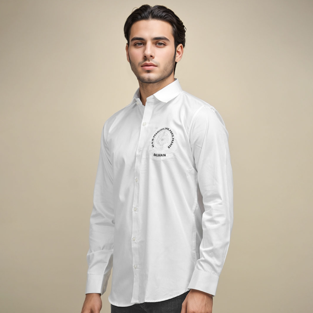 White Balmain Embroidered logo Grey Premium Shirt