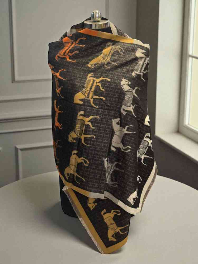 Hermes Premium Quality Black Horse Print Silk Stole-1