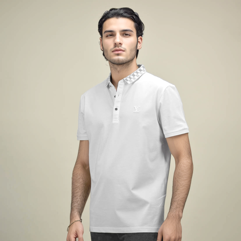 White Louis Vuitton Green Embroidery Logo Premium Polo T-shirt