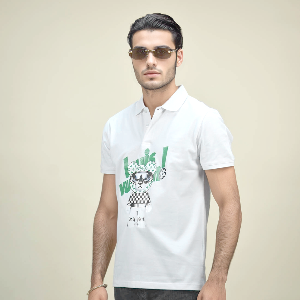 White Louis Vuitton Teddy Print Black Premium Polo T-shirt