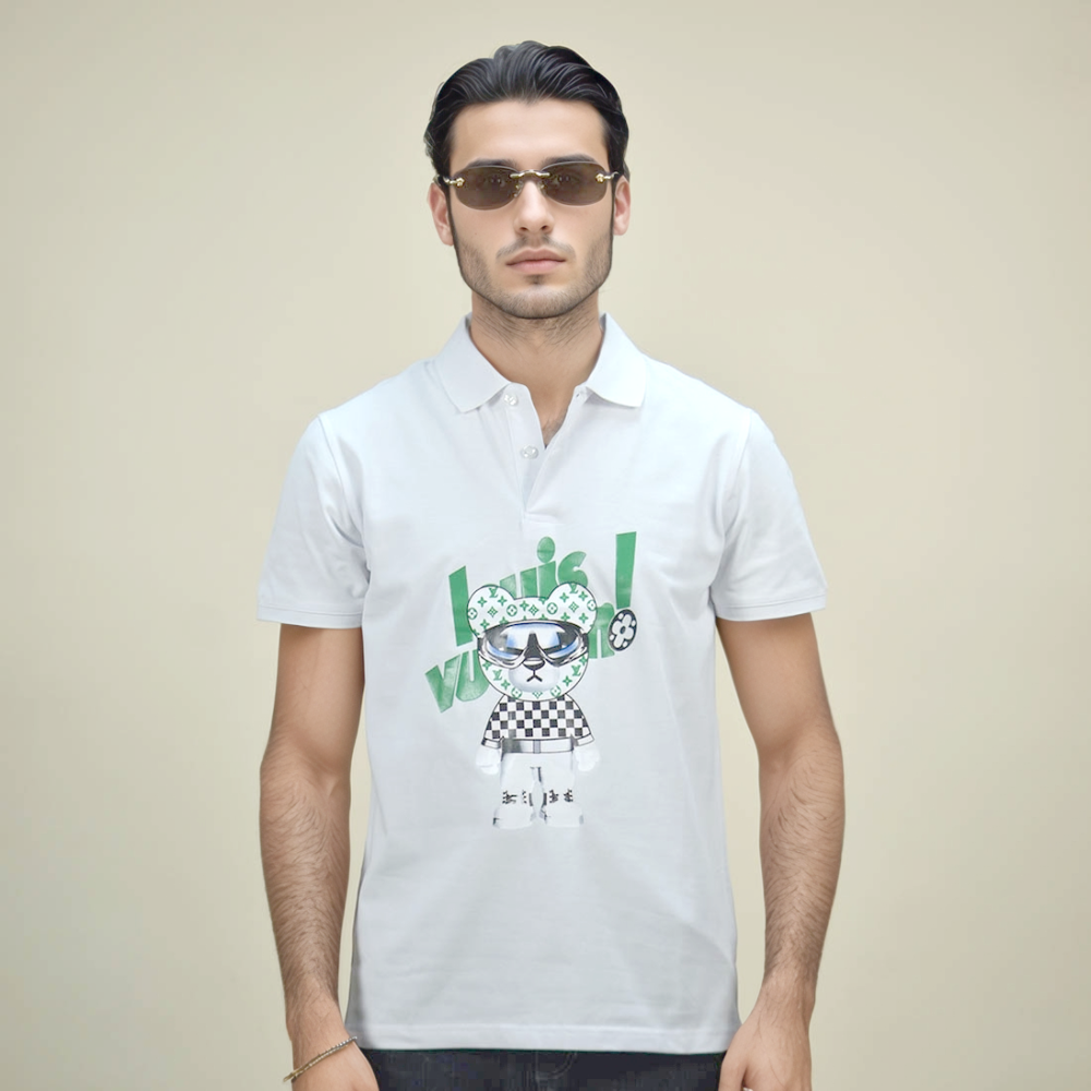 Louis Vuitton Teddy Print White Premium Polo T-shirt-1