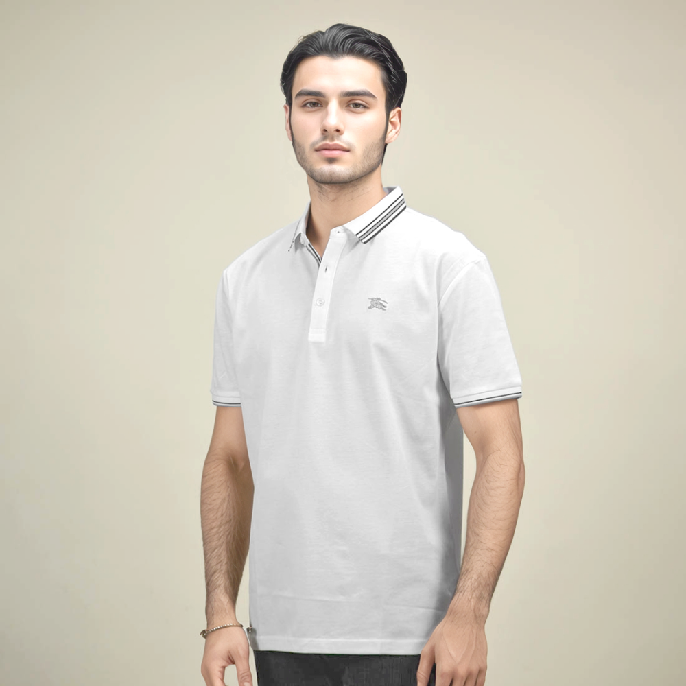 White Burberry Embroidered logo Black Premium Quality Polo T-shirt