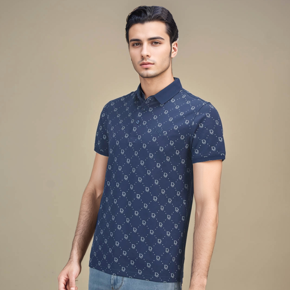 Blue Dior Printed Black Premium Quality Polo Tees