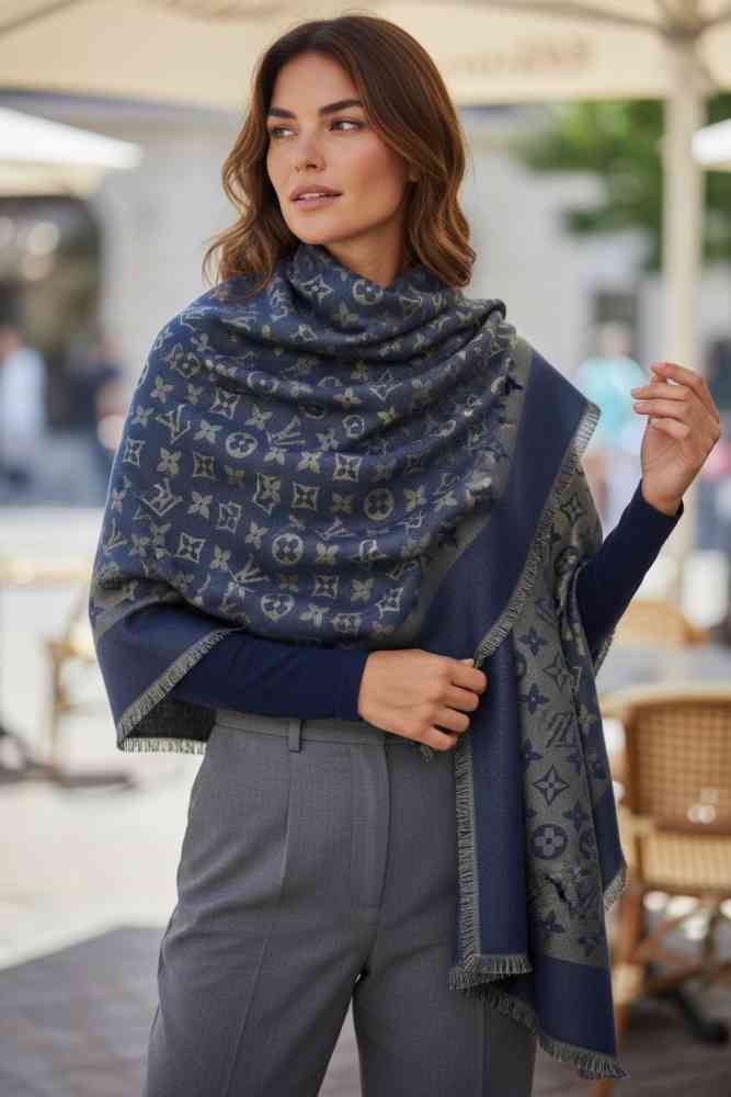 Blue Louis Vuitton Reversible Green Shine Monogram Shawl