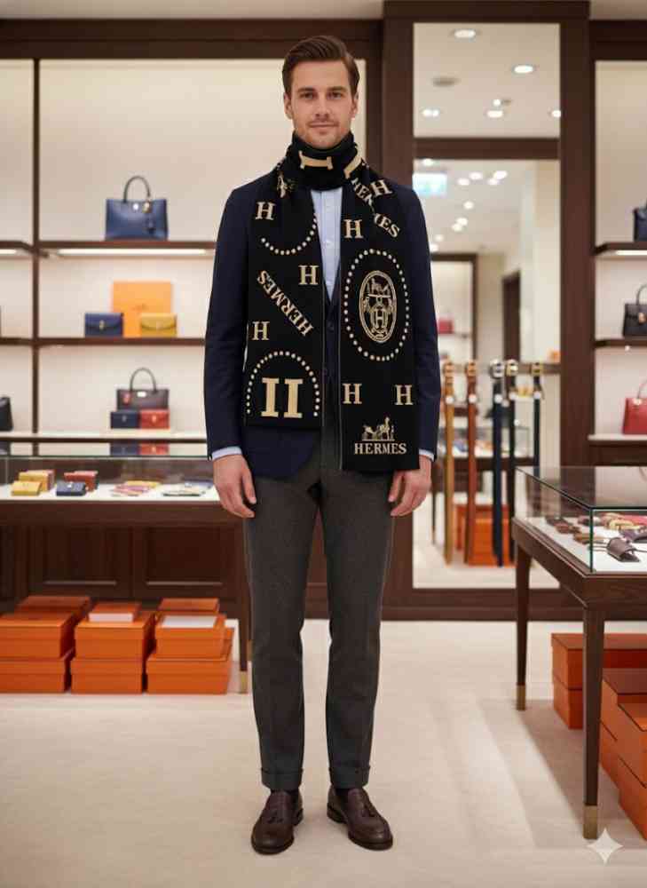 Hermes Premium Quality Black Woollen Reversible Stole-thumb-0