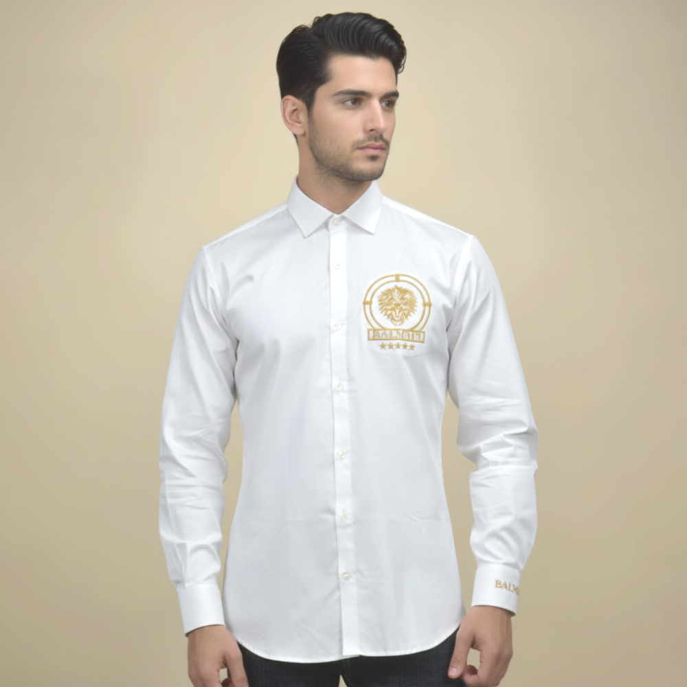 White Balmain Embroidered Wine Premium Cotton Shirt