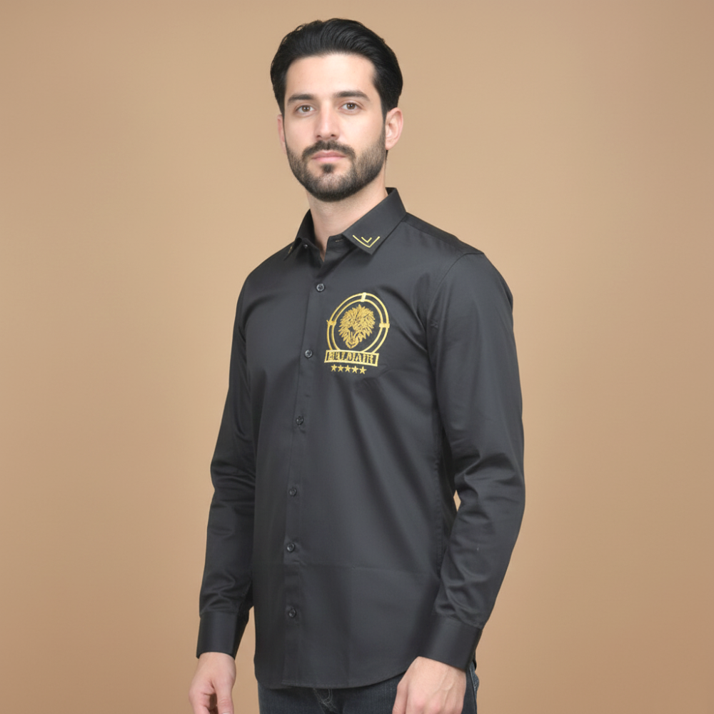 Black Balmain Embroidered Wine Premium Cotton Shirt