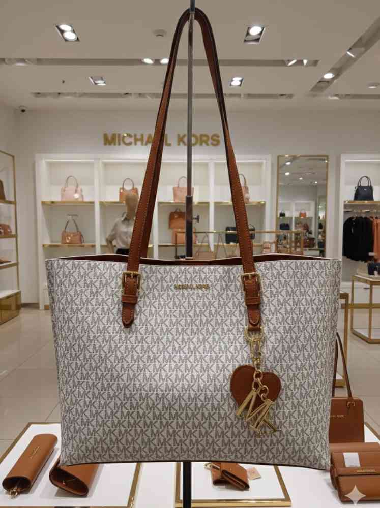 White Michael Kors Signature Medium Logo Brown Tote Bag