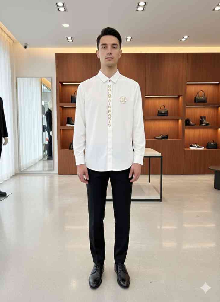 White Balmain Embroidered Black Premium Cotton Shirt