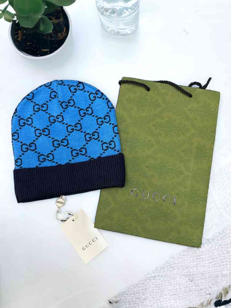 Gucci Monogram Blue Premium Edition Cashmere Beanie-thumb-1