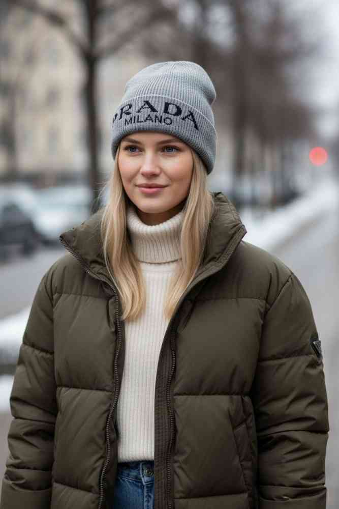 Grey Prada Monogram Cream Premium Edition Cashmere Beanie