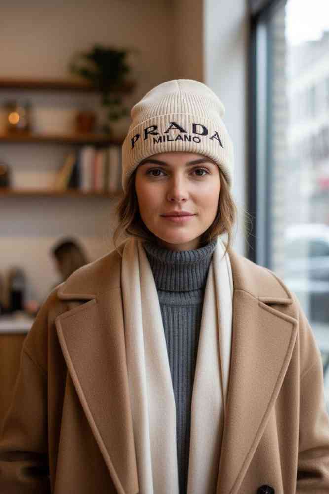 Prada Monogram Cream Premium Edition Cashmere Beanie-1