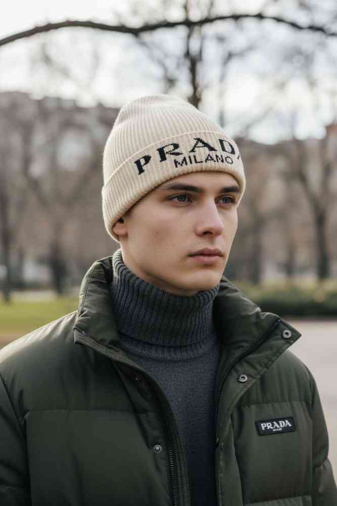 Cream Prada Monogram Grey Premium Edition Cashmere Beanie