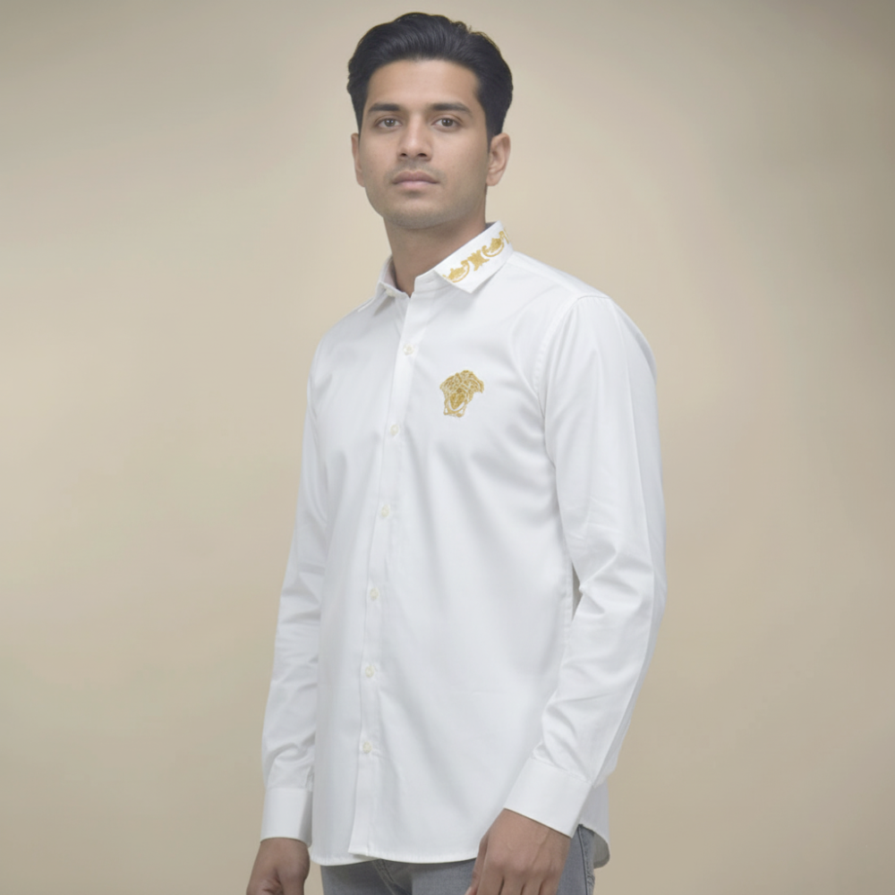 White Versace Medusa Embroidered Black Cotton Shirt
