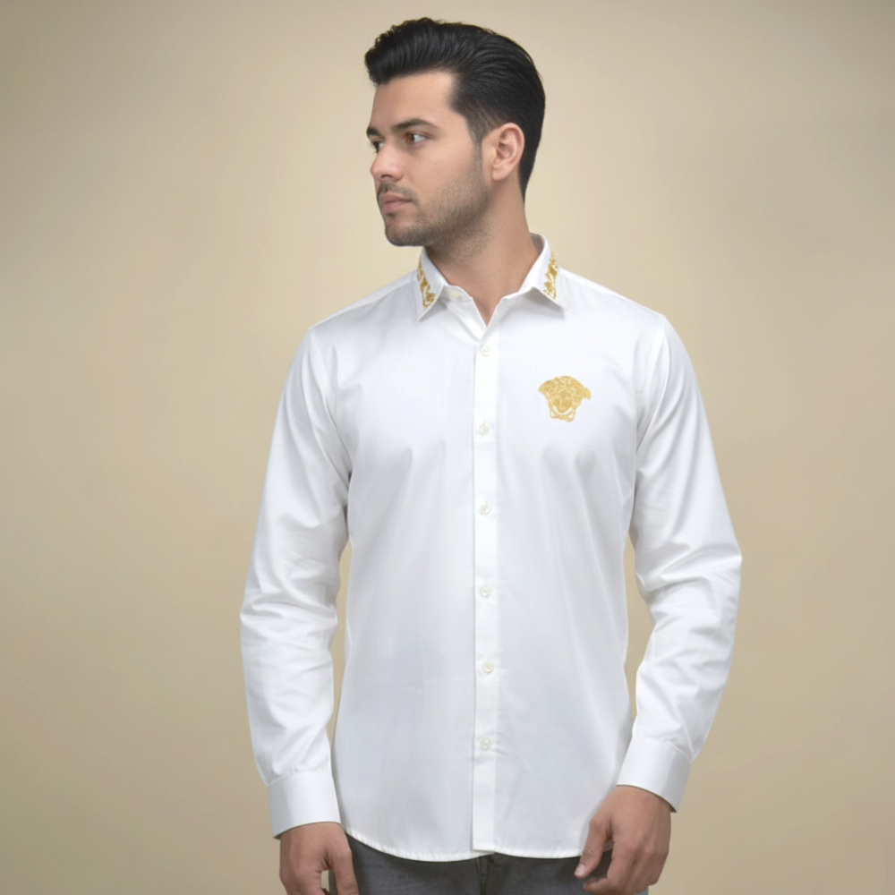 Versace Medusa Embroidered White Cotton Shirt-1
