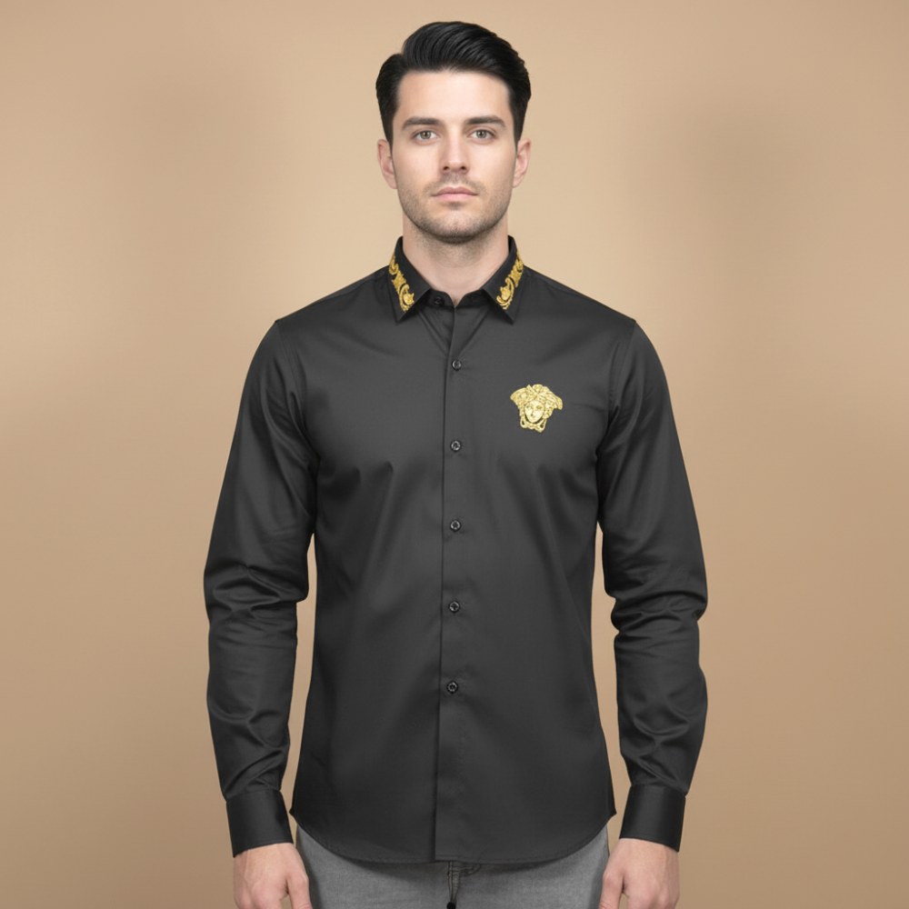 Versace Medusa Embroidered Black Cotton Shirt-1