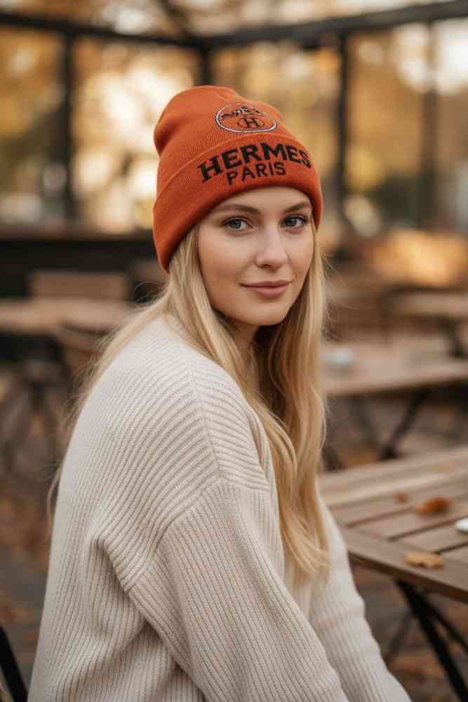 Orange Hermes Black Premium Edition Cashmere Beanie
