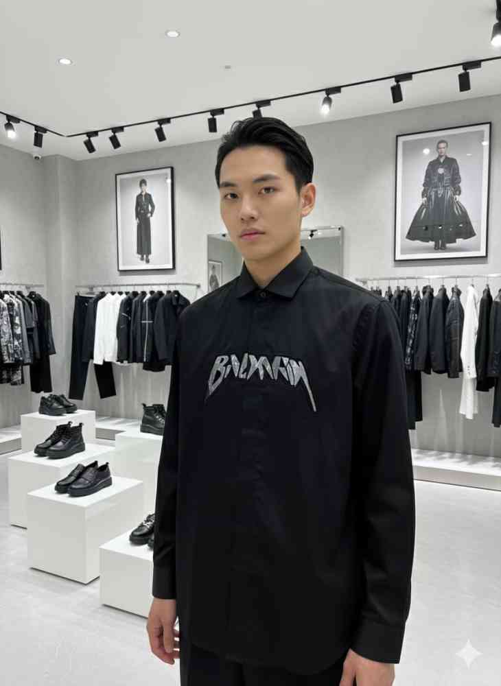 Black Balmain Embroidered White Premium Cotton Shirt