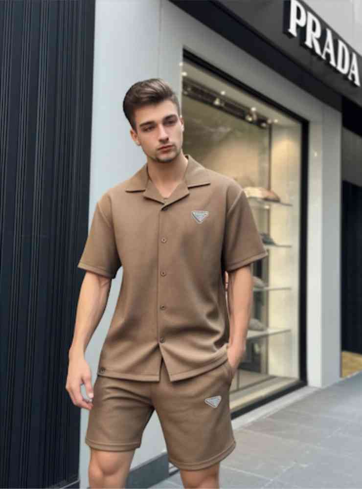 Prada Embroidered Brown Premium Shirt & Shorts Combo-thumb-0