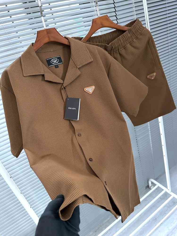 Prada Embroidered Brown Premium Shirt & Shorts Combo-thumb-2