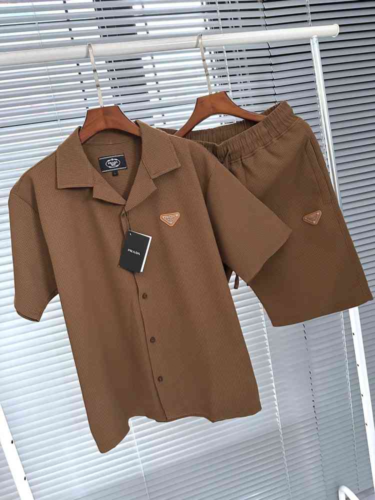 Prada Embroidered Brown Premium Shirt & Shorts Combo-thumb-1