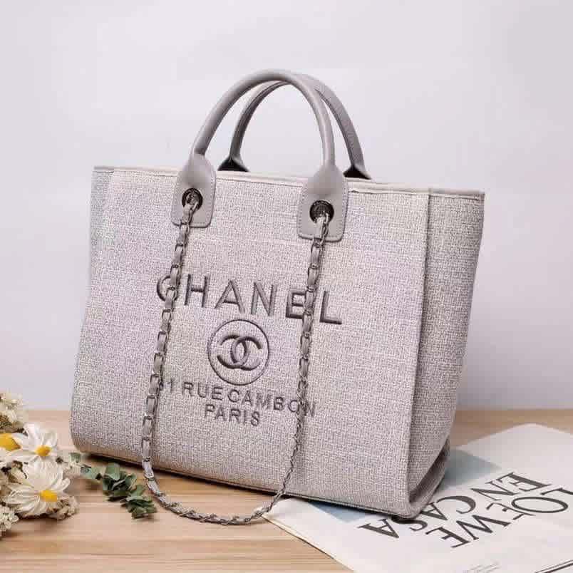 White Chanel Grey Deauville canvas tote bag
