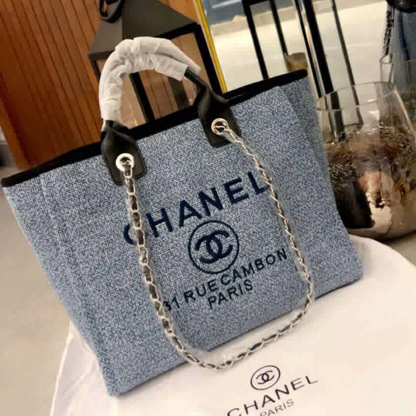 Blue Chanel Grey Deauville canvas tote bag