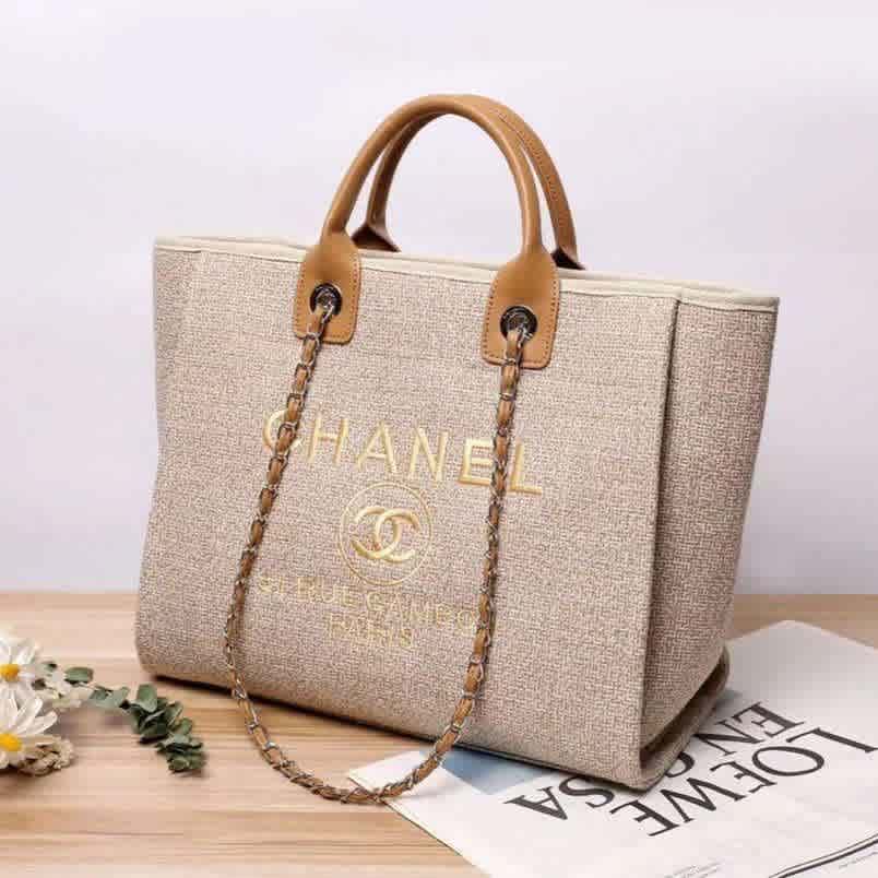 Brown Chanel Grey Deauville canvas tote bag
