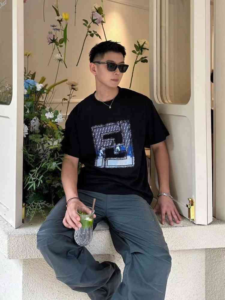 Black Fendi White Embroidery Logo Premium Baggy Fit T-shirt