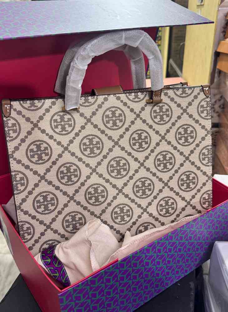 Beige/Brown Tory Burch Monogram Beige Small Tote Bag