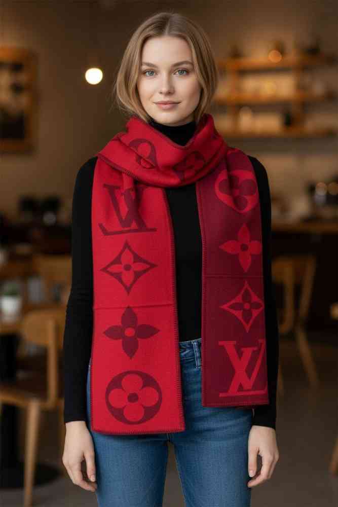 Red Louis Vuitton Dark Brown Cashmere Reversible Muffler