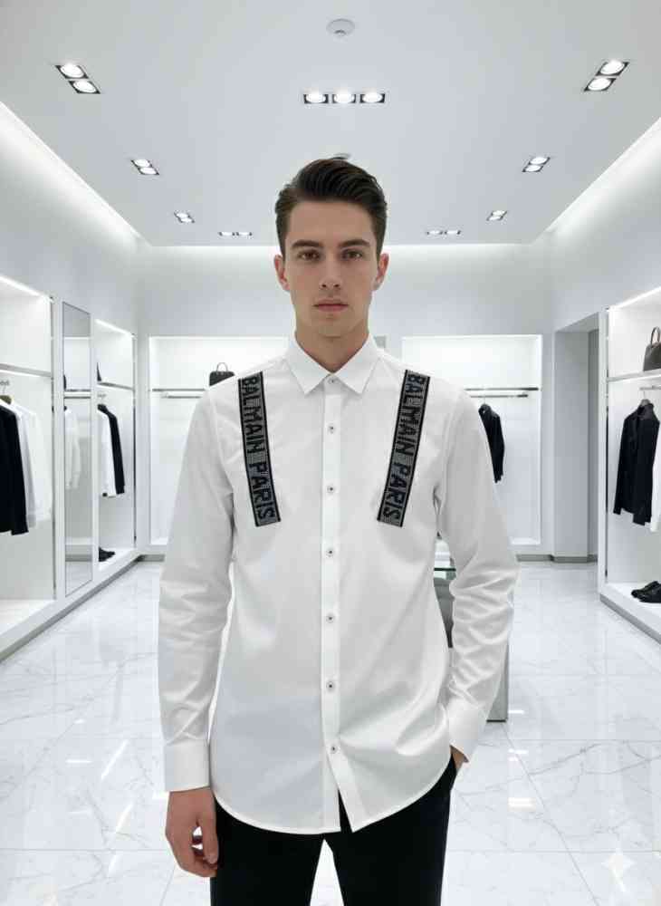 White Balmain Embroidered Black Premium Cotton Shirt