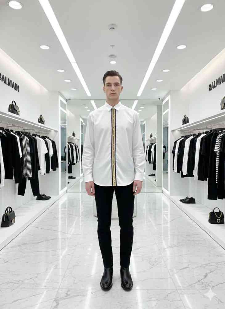 White Balmain Embroidered Black Premium Cotton Shirt
