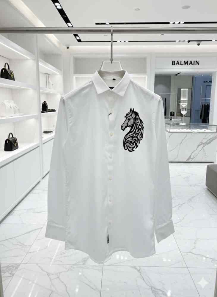 Balmain Embroidered White Horse Printed Premium Cotton Shirt-1