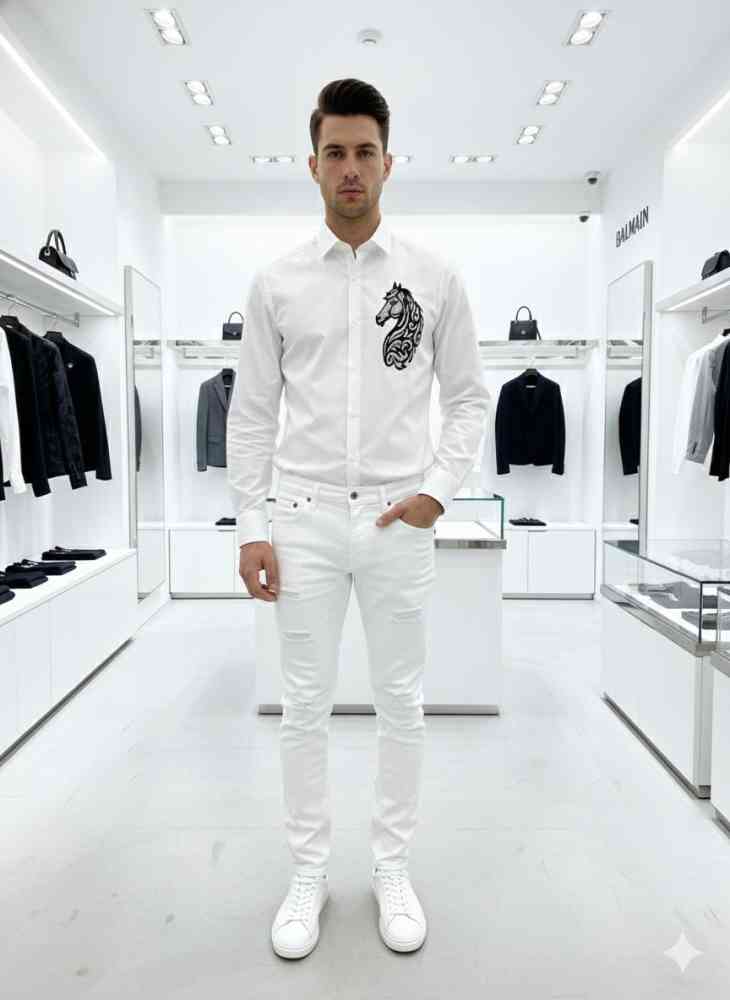 White Balmain Embroidered Black Horse Printed Premium Cotton Shirt