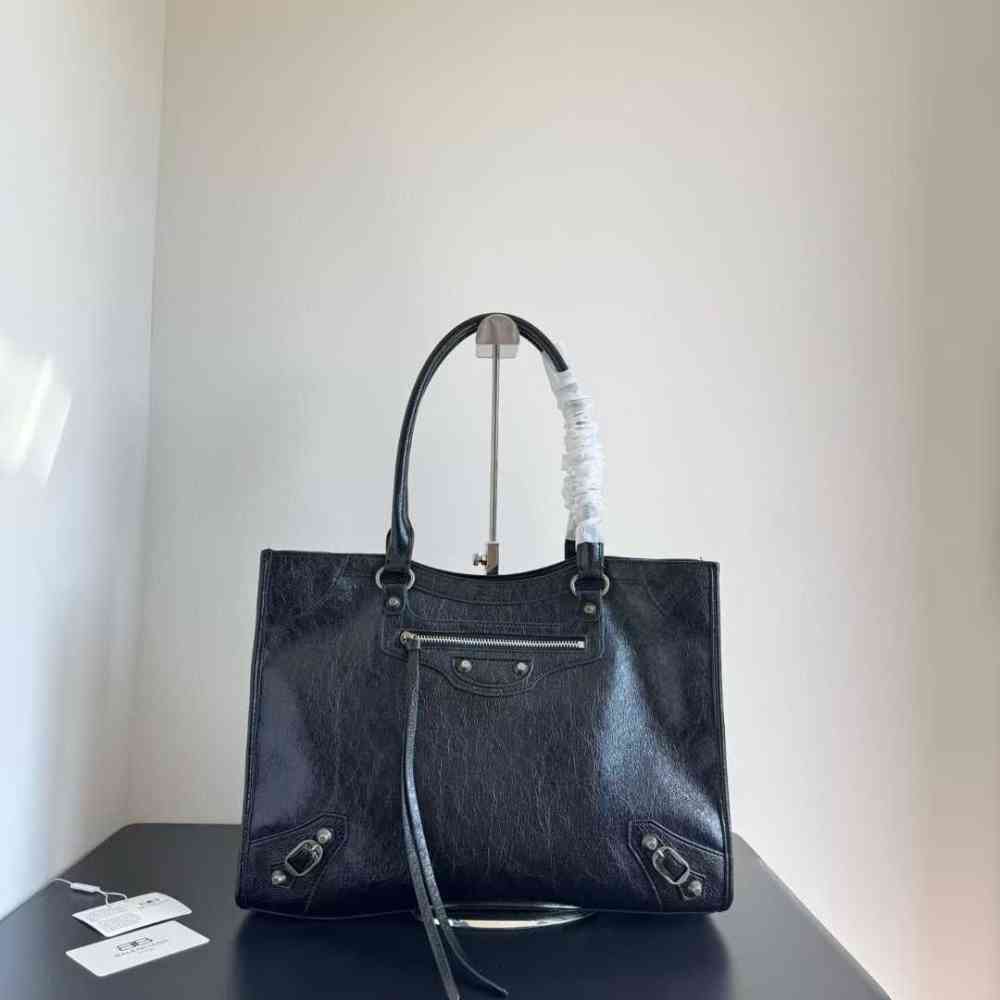 Black Balenciaga Logo Dark Brown Premium Le City Tote Bag