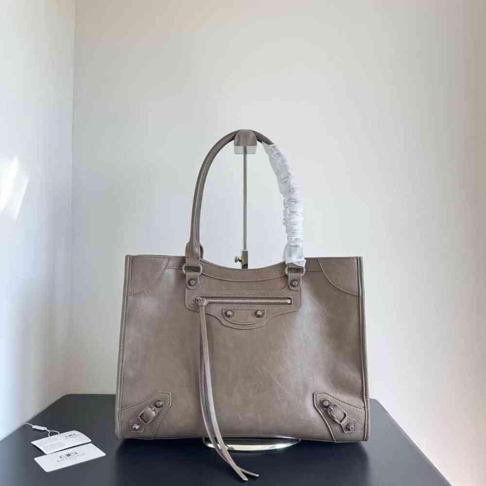 Beige Balenciaga Logo Dark Brown Premium Le City Tote Bag