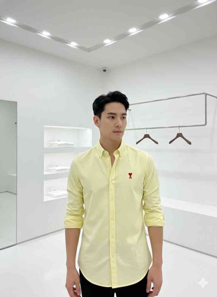 Yellow Ami Paris Heart Logo Pink Striped Shirt