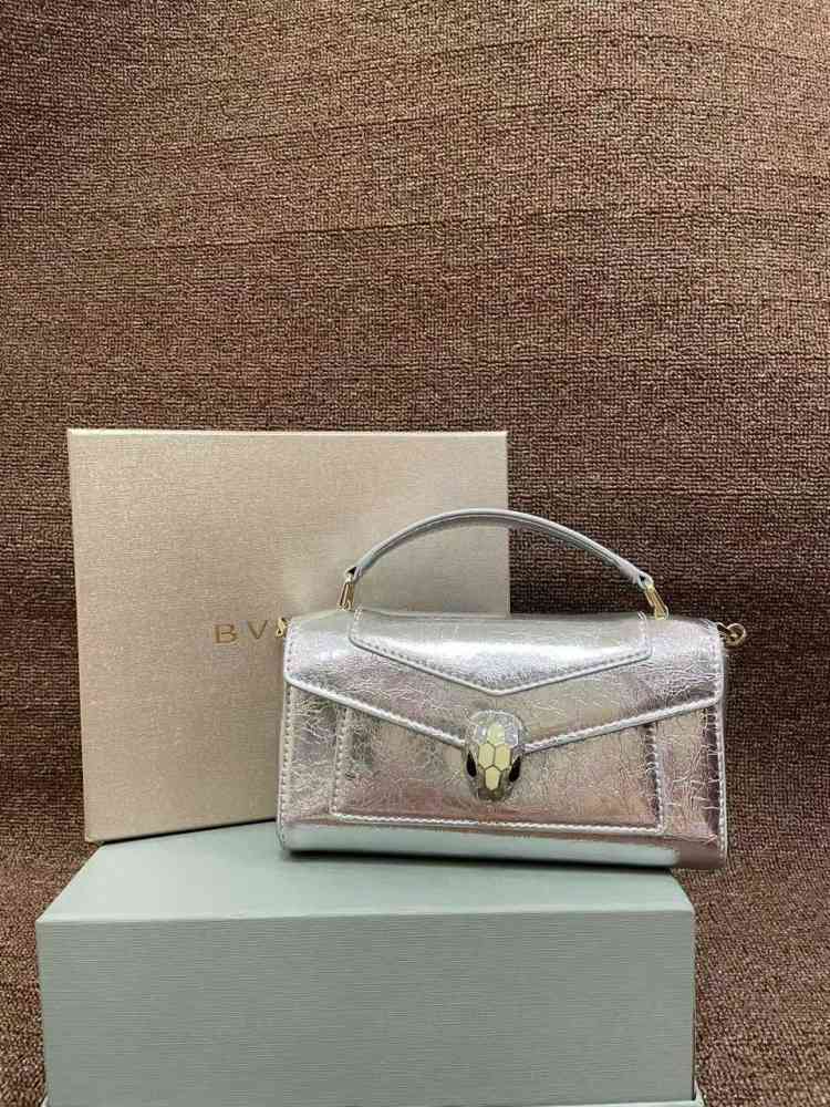 Silver Bvlgari Serpenti Forever Top Black Handbag