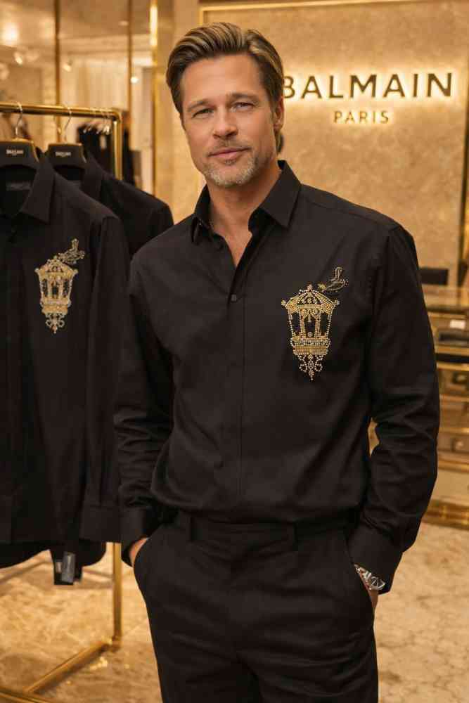 Black Balmain Embroidered Brown Premium Cotton Shirt