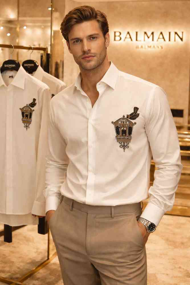 White Balmain Embroidered Brown Premium Cotton Shirt