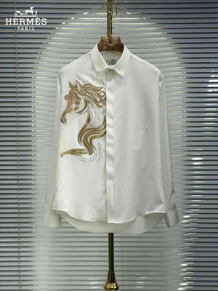White Hermès Embroidery Horse Logo Black Premium Shirt