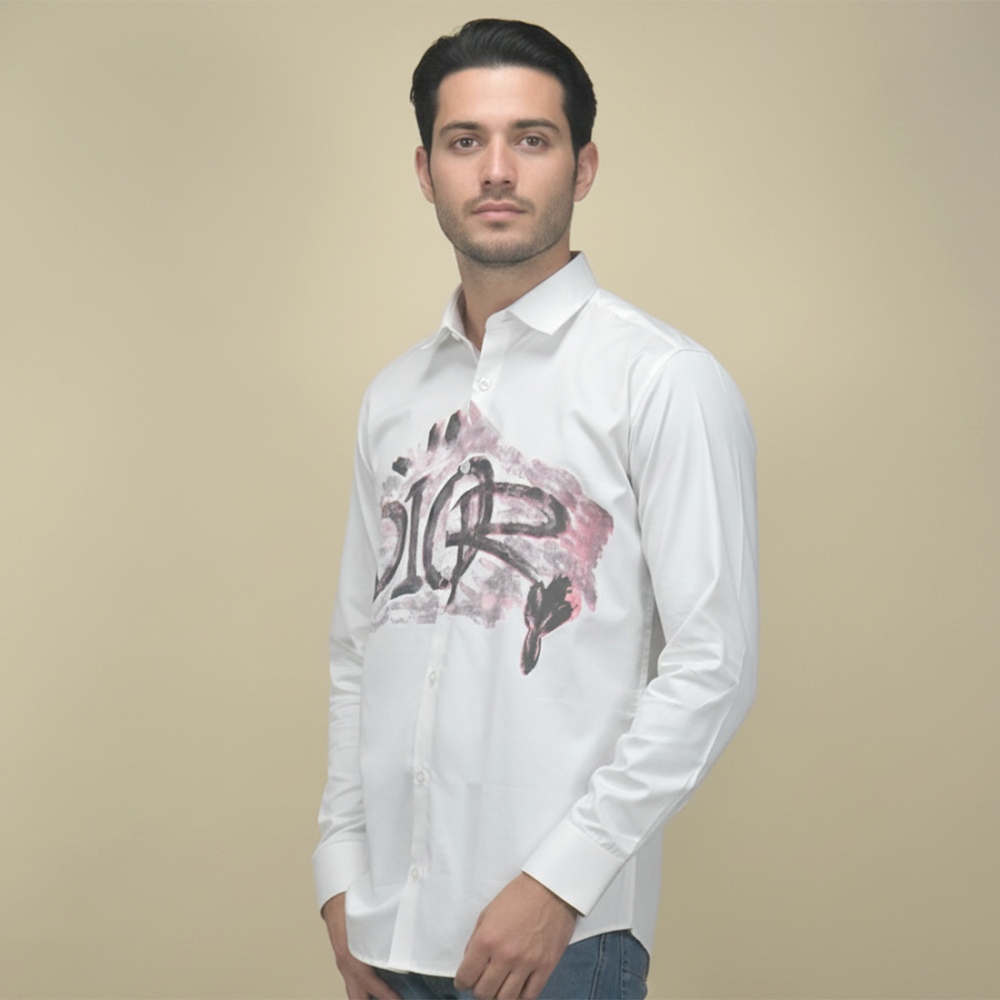 White Dior Printed Black Premium Cotton Shirt
