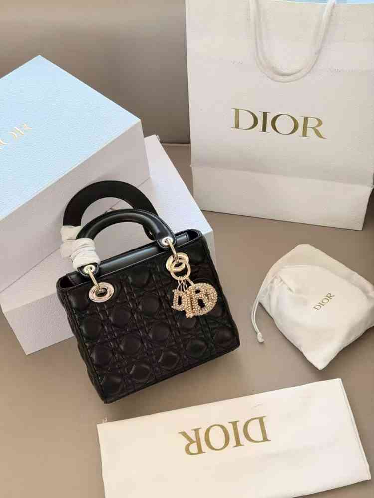 Black Lady Dior Signature Cream Studded Logo Handbag