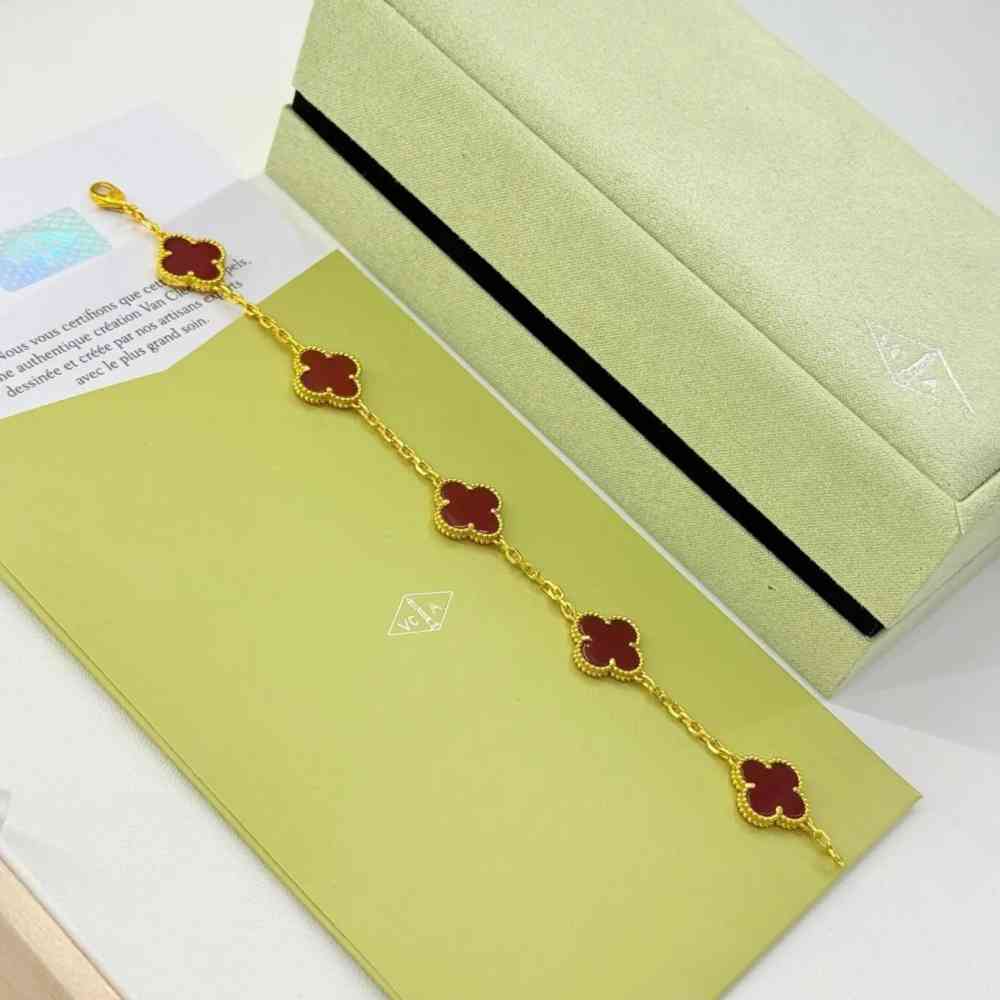 Red Van Cleef Alhambra Grey Stone Clover Gold Color Bracelet
