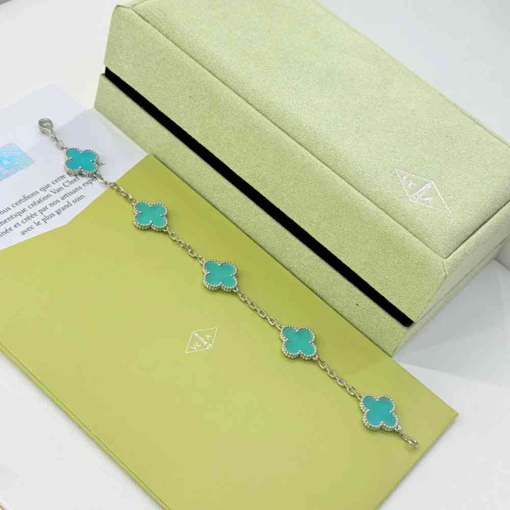 Blue Van Cleef Alhambra White Stone Clover Gold Color Bracelet
